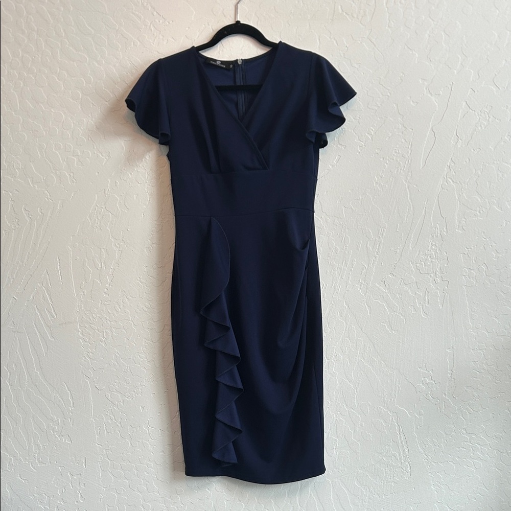 Women’s Size Small Navy Blue midi Length Breathable Slim Fit V-Neck Dress - Picture 2 of 6
